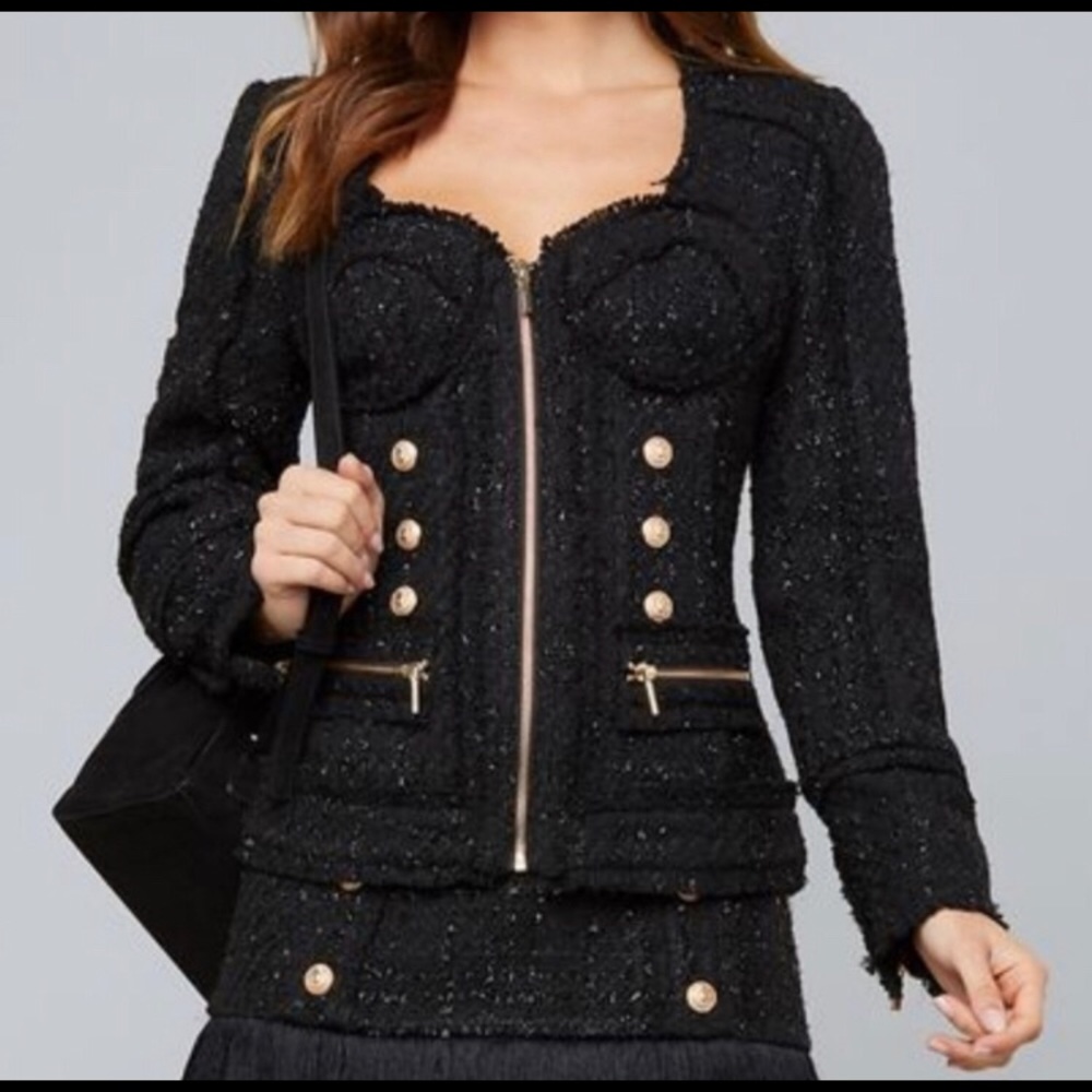 Bebe Soraya Black/Gold Tweed Bustier Jacket 4 NWT